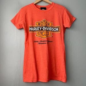 Harley Davidson Museum Womens Fits Size Small Orange Baby Tee Shirt Moto Biker